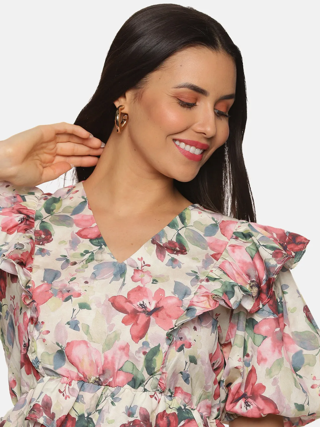 IS.U Floral Multicolor Ruffle Detail Peplum Top