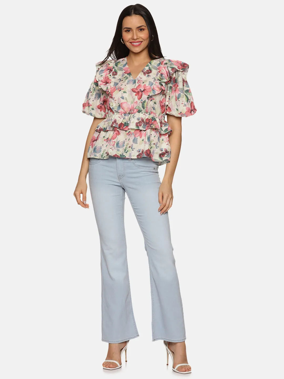 IS.U Floral Multicolor Ruffle Detail Peplum Top