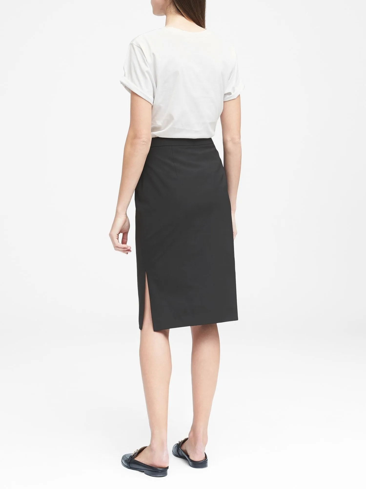 Italian Wool-Blend Pencil Skirt with Side Slit in Black