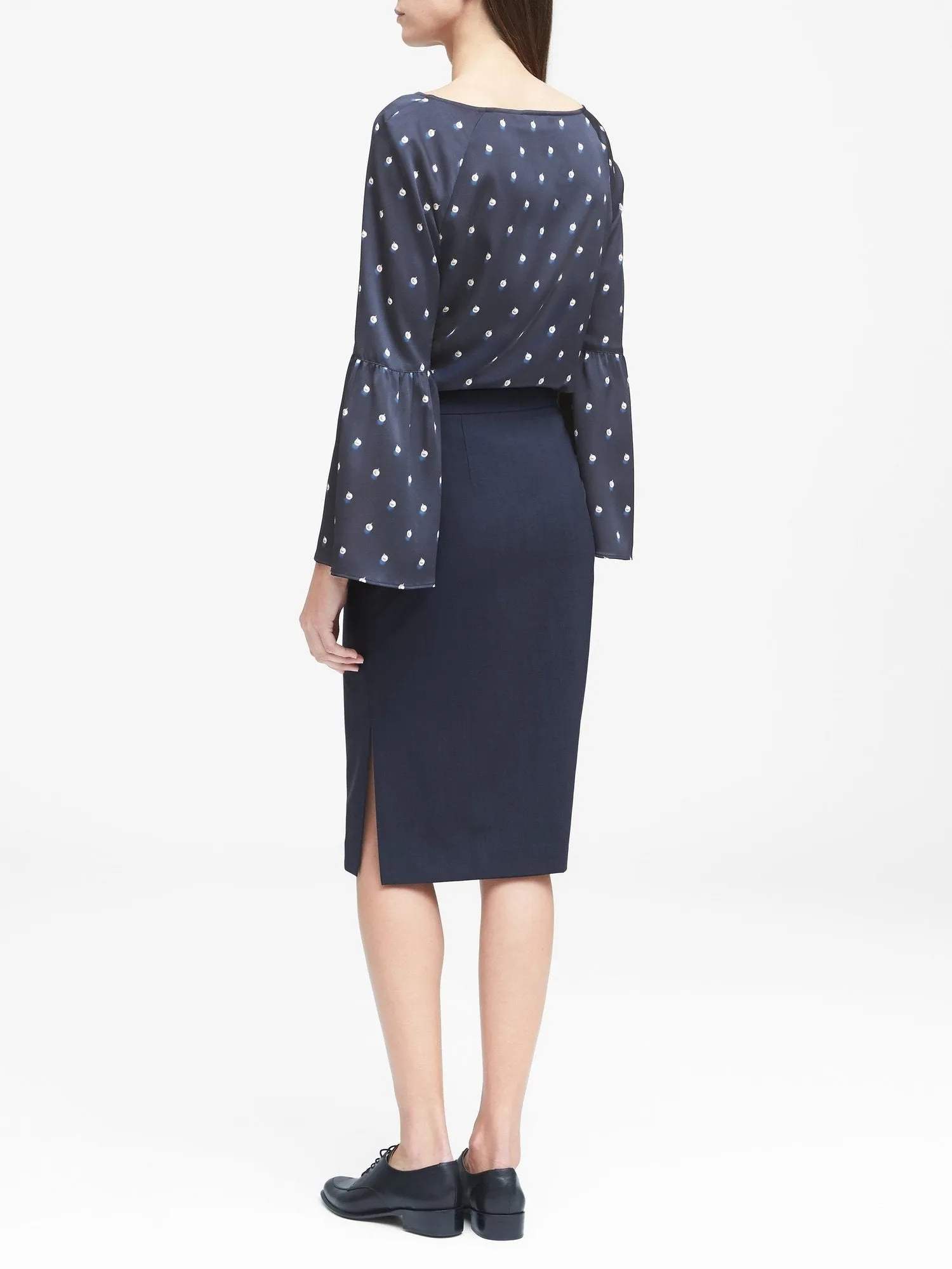 Italian Wool-Blend Pencil Skirt with Side Slit in Navy