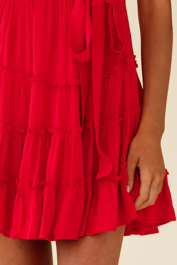 Jocelyn Short Sleeve Tied Cuff Layered Ruffle Dress Red