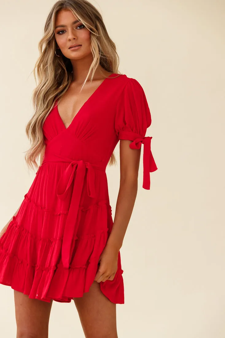 Jocelyn Short Sleeve Tied Cuff Layered Ruffle Dress Red