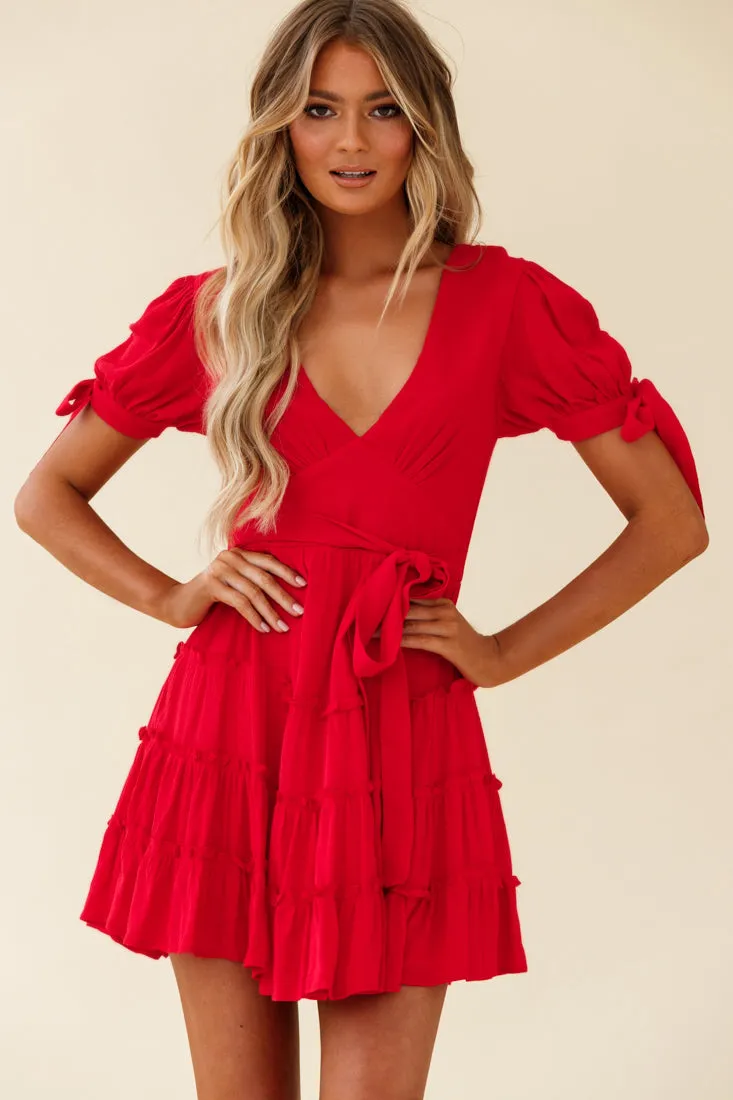 Jocelyn Short Sleeve Tied Cuff Layered Ruffle Dress Red