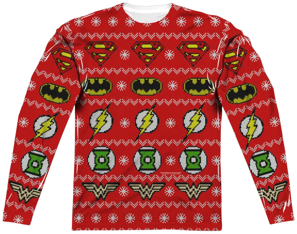 Justice League Sublimated Ugly Faux Christmas Sweater Long Sleeve Tee