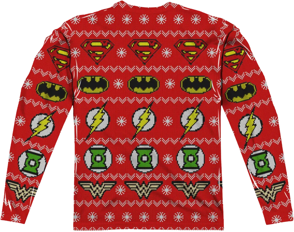 Justice League Sublimated Ugly Faux Christmas Sweater Long Sleeve Tee