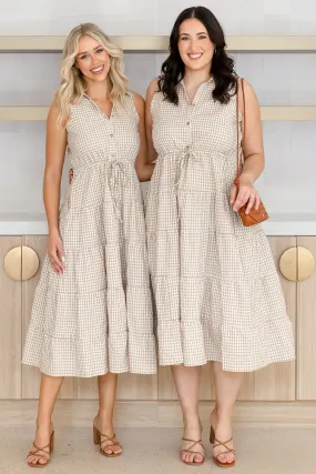 Kathy Sleeveless Midi Dress Gingham Print Nude