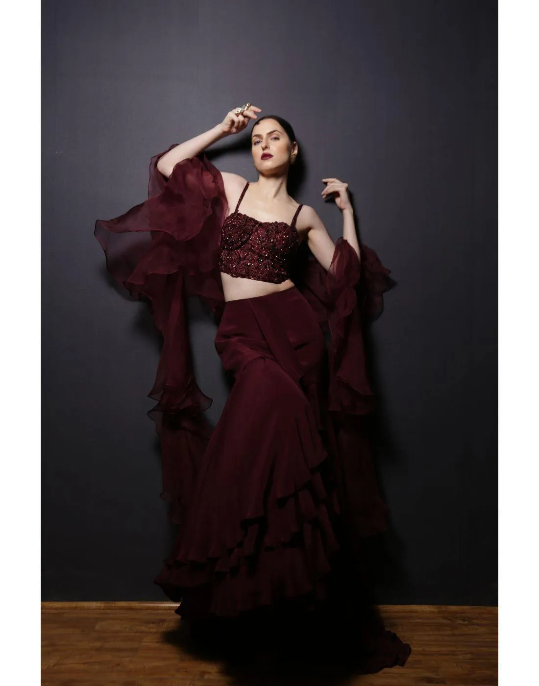 Kaynaat's Rent Wine Layered Lehenga With A Ruffle Dupatta