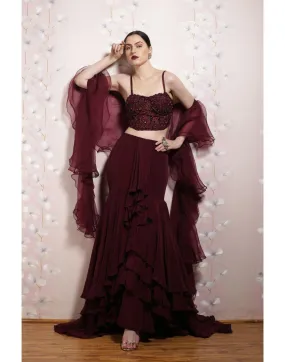 Kaynaat's Rent Wine Layered Lehenga With A Ruffle Dupatta