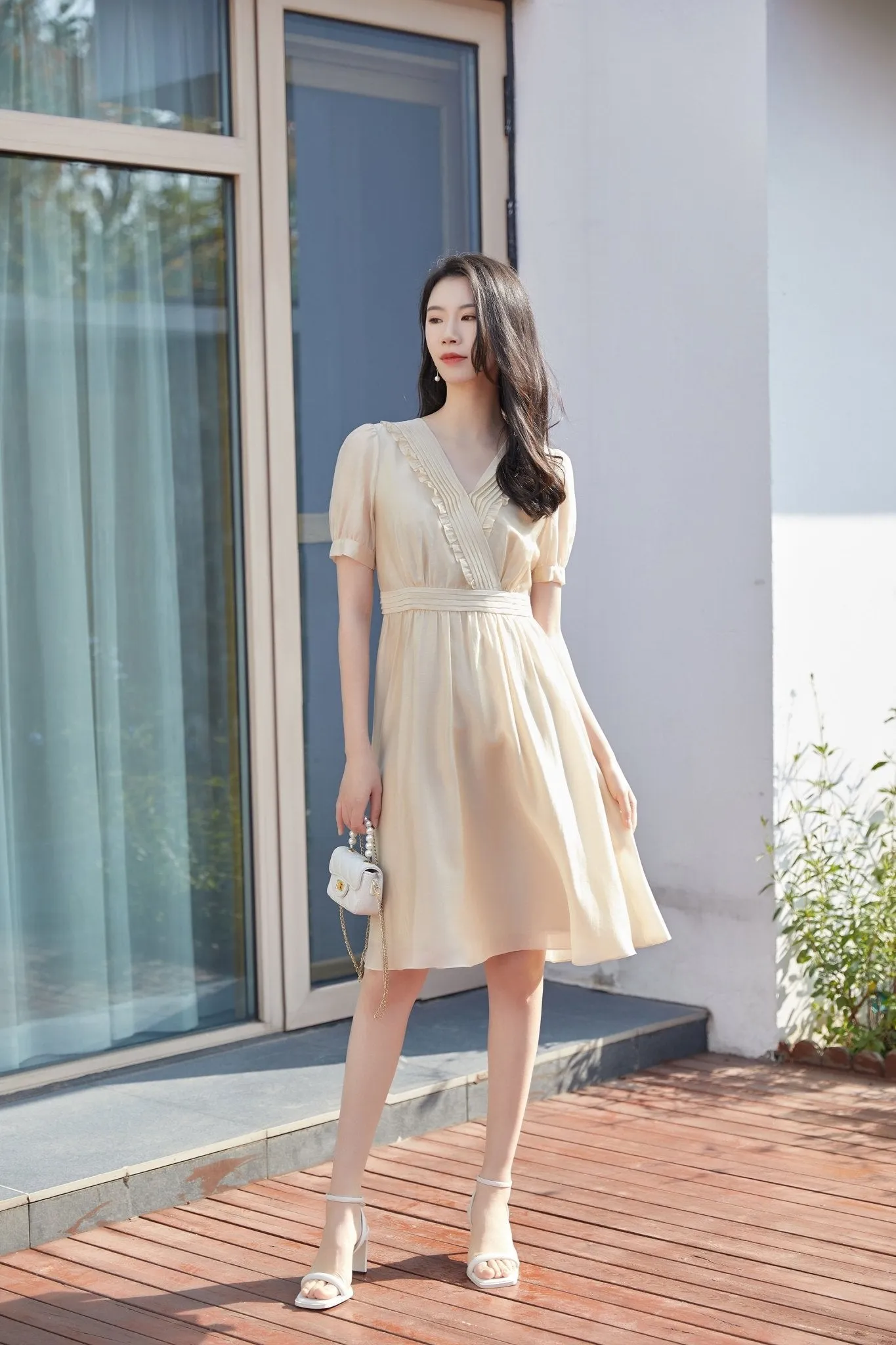 Khaki V Neck Waist Dress