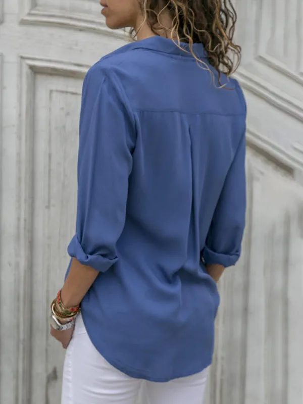 Ladies Long Sleeve Deep V Button Chiffon Shirt