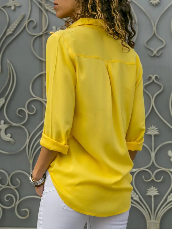 Ladies Long Sleeve Deep V Button Chiffon Shirt