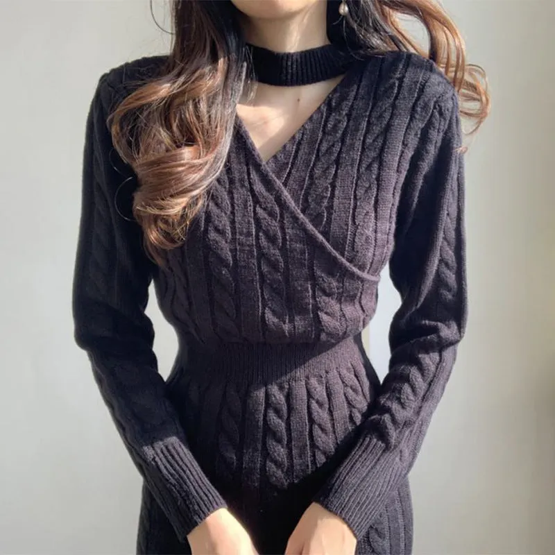 Lanfubeisi long sweater dress outfit Chic Personality round Neck Hemp Pattern Front and Rear Wear Design Careful Machine Split Sweater Dress Women