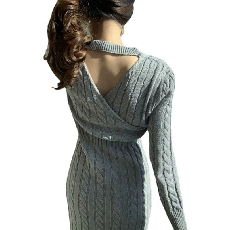 Lanfubeisi long sweater dress outfit Chic Personality round Neck Hemp Pattern Front and Rear Wear Design Careful Machine Split Sweater Dress Women