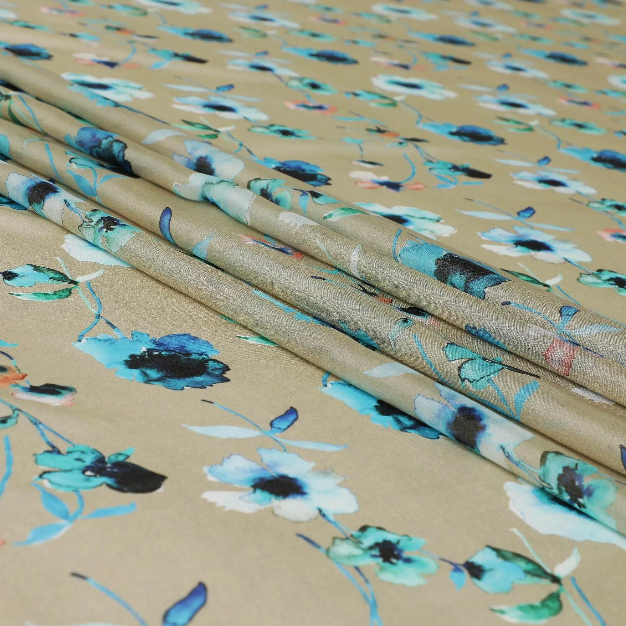 Latte beige silk chiffon fabric with turquoise blue, black and maya blue print in floral design