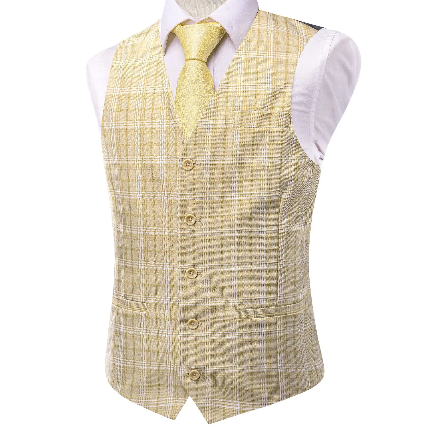 Light Yellow White Plaid Silk England Style Men's Single Vest Waistcoat