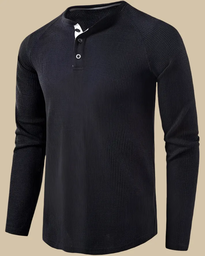 Long Sleeve Henley Top in Waffle Texture