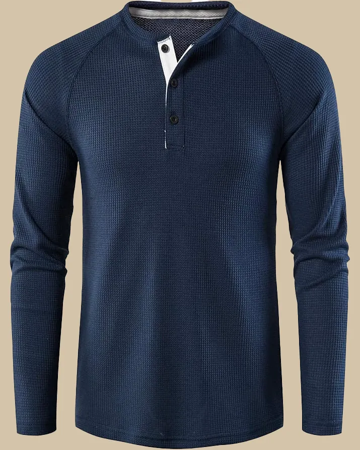 Long Sleeve Henley Top in Waffle Texture