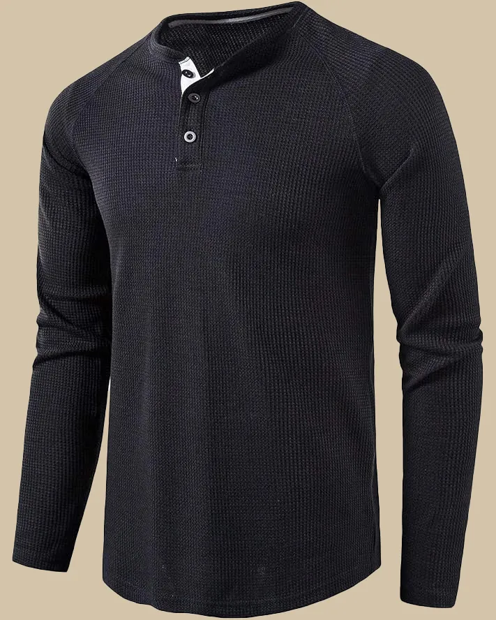 Long Sleeve Henley Top in Waffle Texture