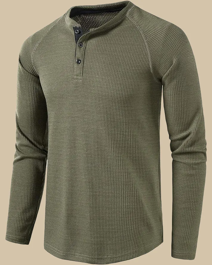 Long Sleeve Henley Top in Waffle Texture