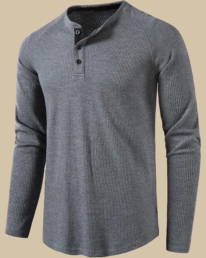 Long Sleeve Henley Top in Waffle Texture