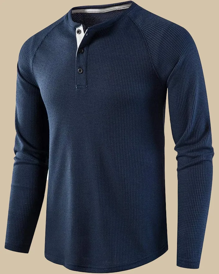 Long Sleeve Henley Top in Waffle Texture