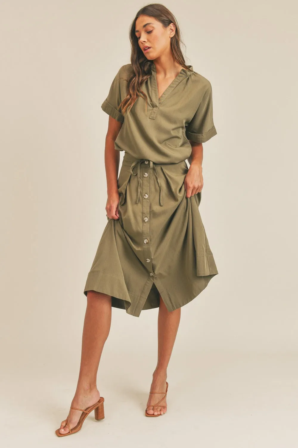 Mallory Olive Short Sleeve Top and Button Down Midi Skirt Set