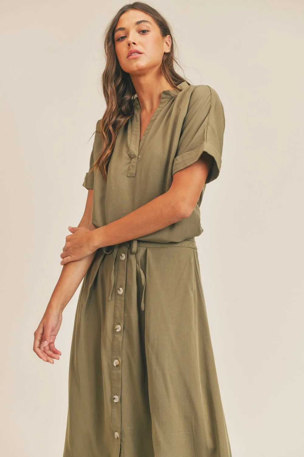 Mallory Olive Short Sleeve Top and Button Down Midi Skirt Set