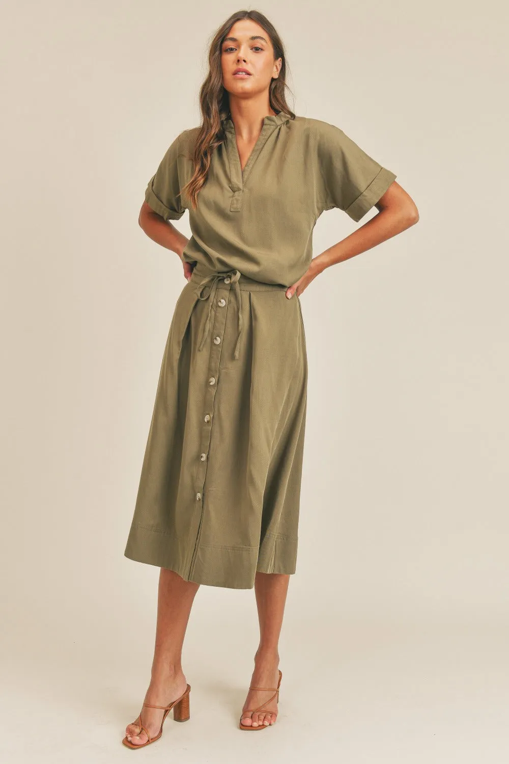 Mallory Olive Short Sleeve Top and Button Down Midi Skirt Set