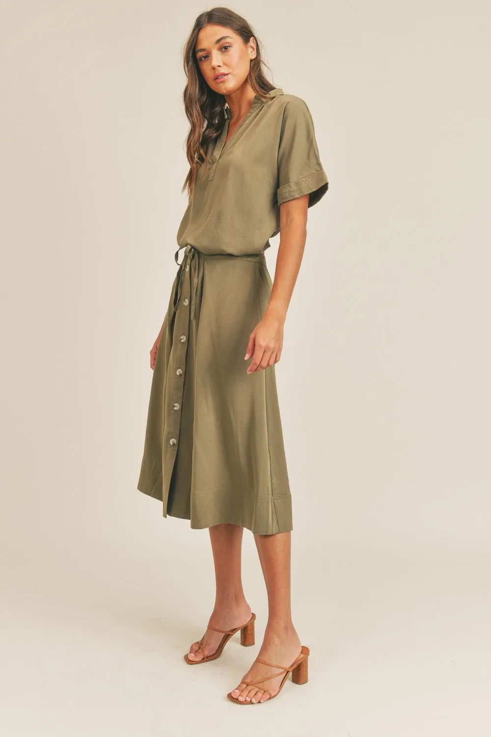 Mallory Olive Short Sleeve Top and Button Down Midi Skirt Set