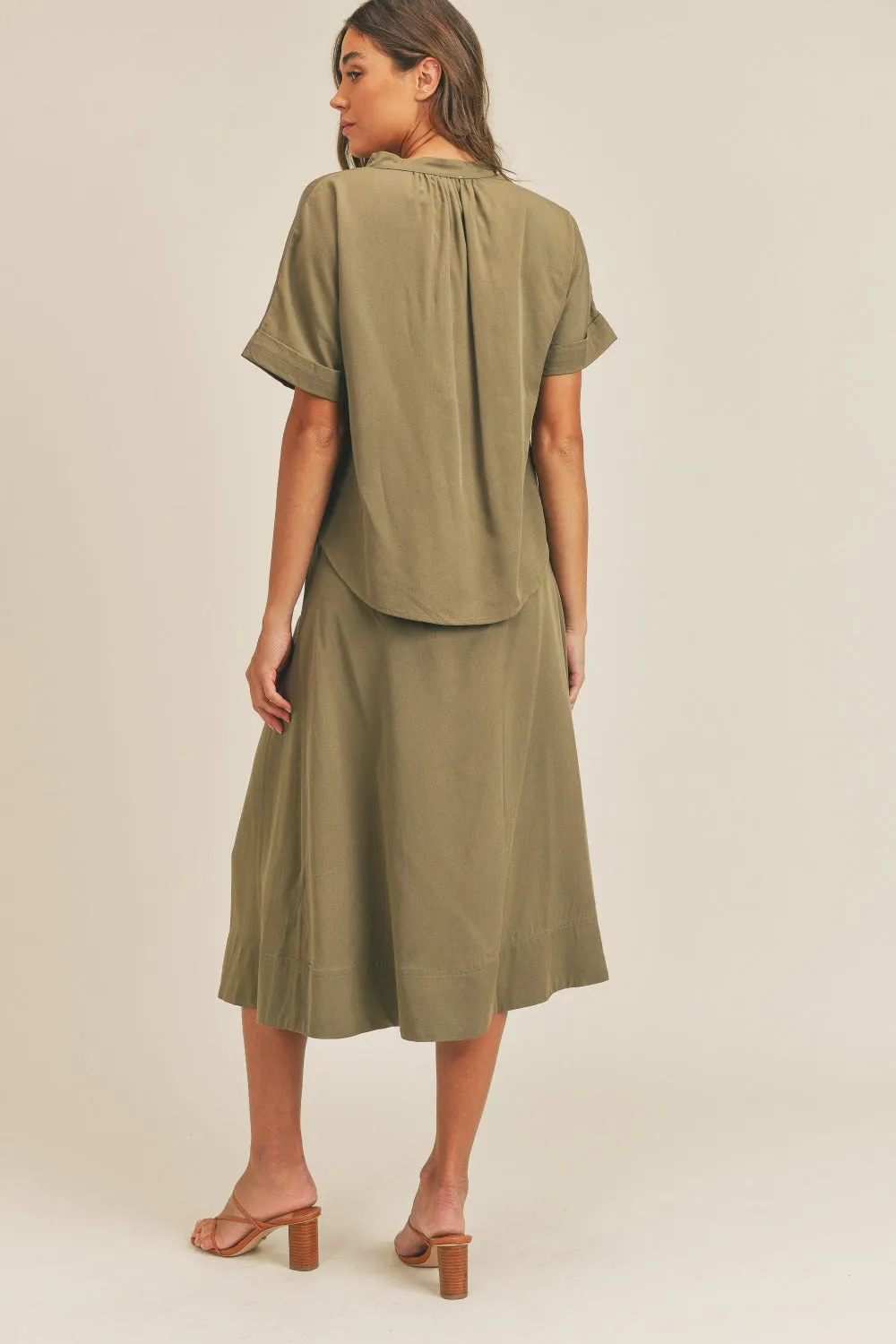 Mallory Olive Short Sleeve Top and Button Down Midi Skirt Set