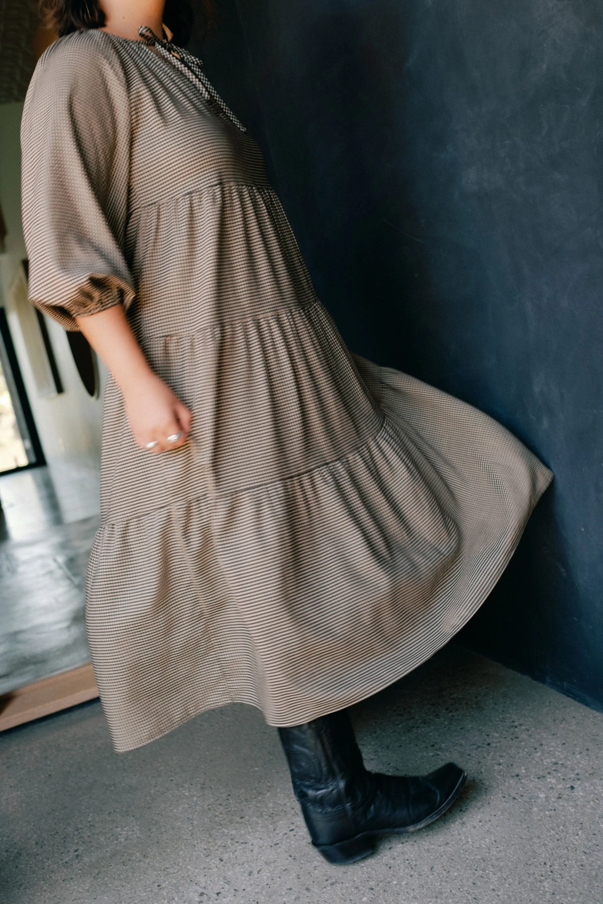 Mandy Dress in Tan Gingham