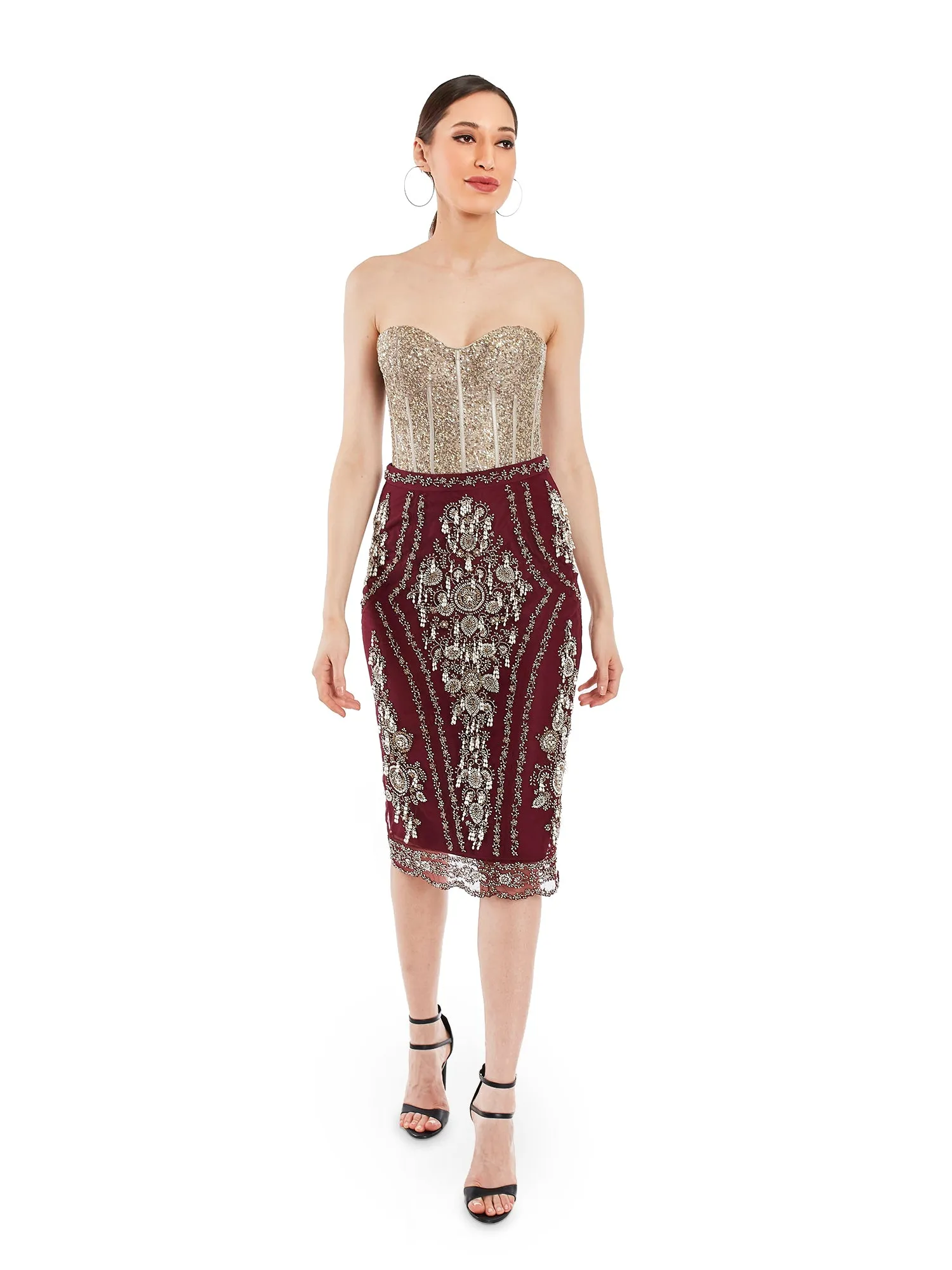 Maroon Pencil Skirt in Net Base With Pearl Embroidery