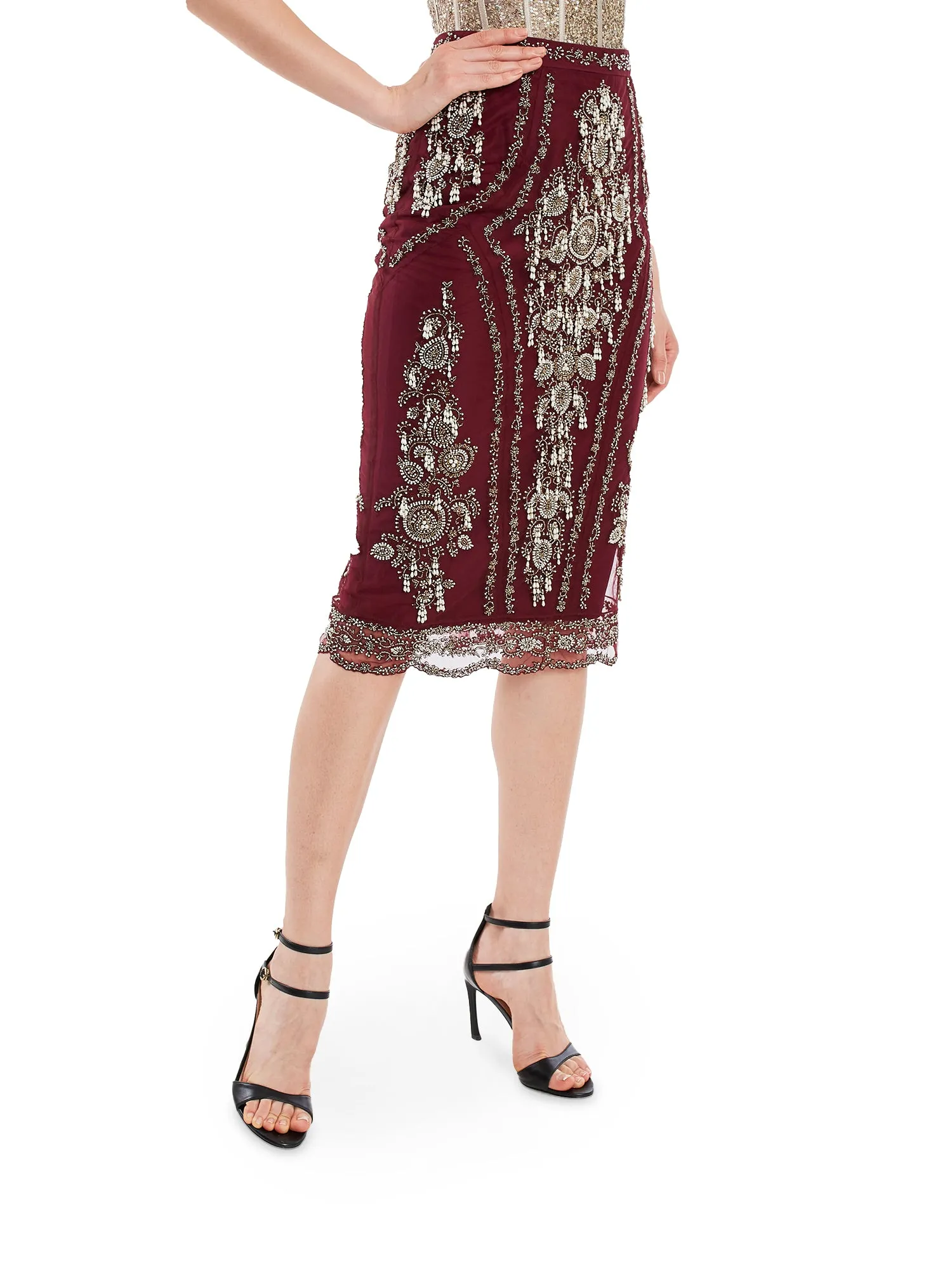 Maroon Pencil Skirt in Net Base With Pearl Embroidery