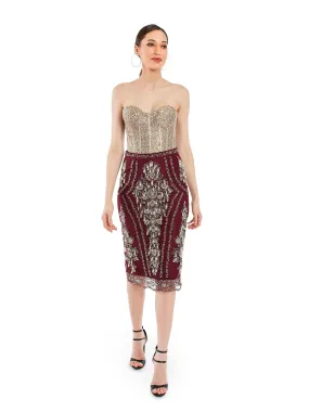 Maroon Pencil Skirt in Net Base With Pearl Embroidery