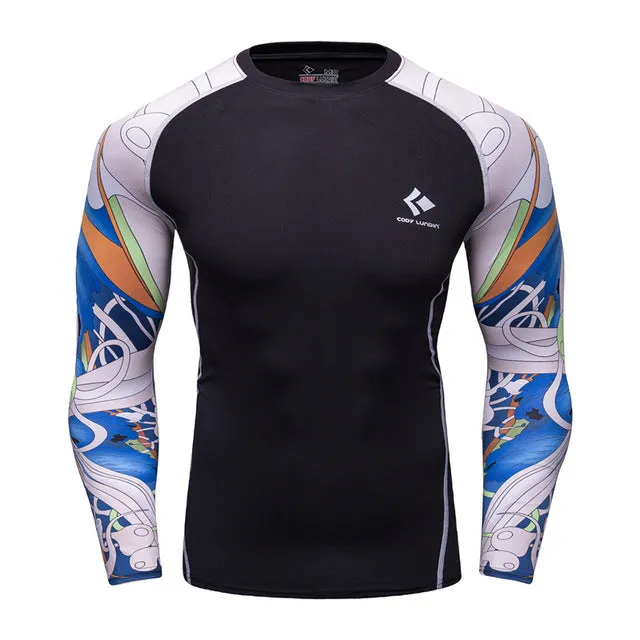 Men Compression Shirts MMA Rashguard Keep Fit Fitness Long Sleeves Base Layer Skin Tight Weight Lifting Elastic T Shirts Homme