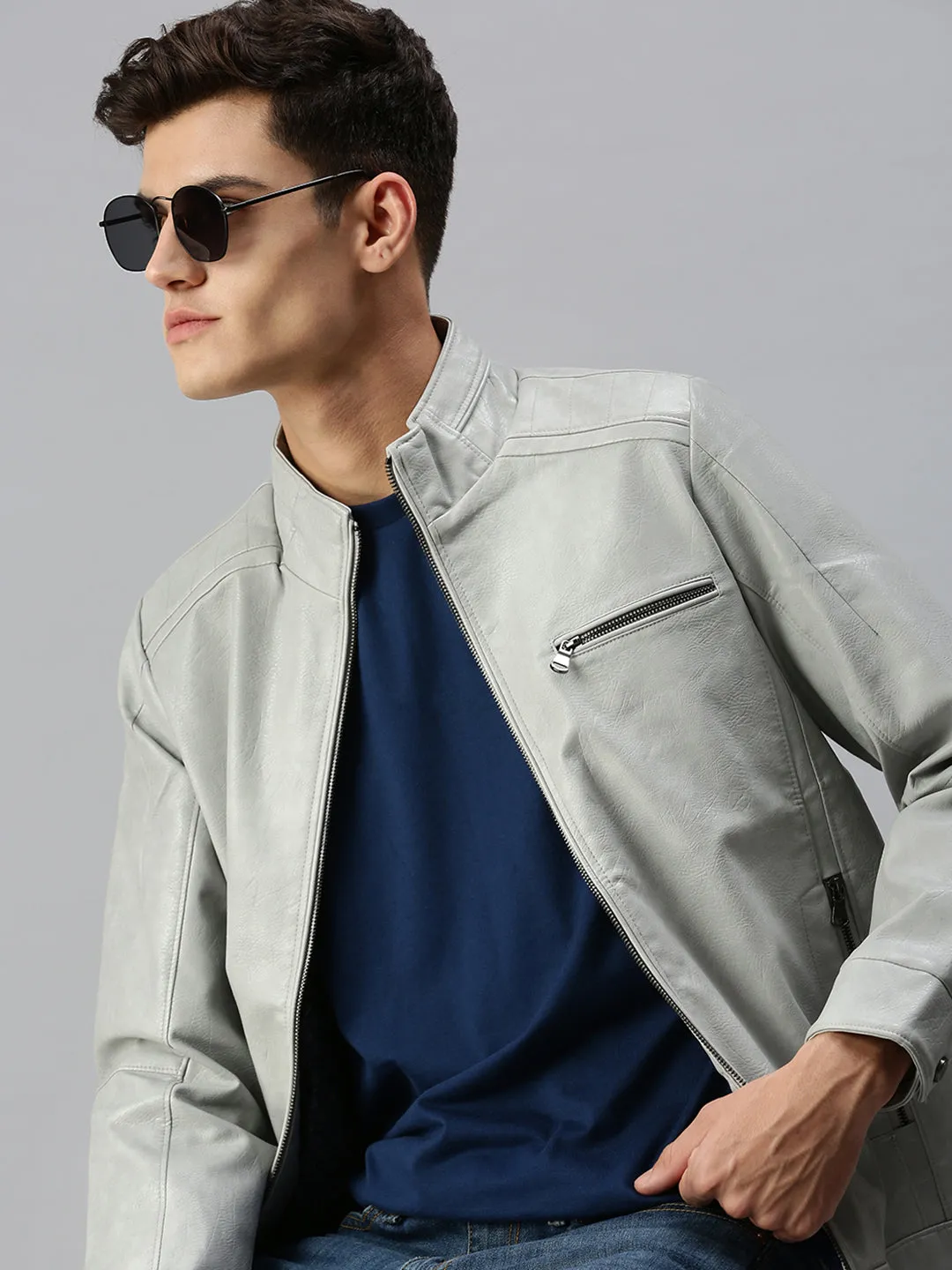 Men Solid Grey Jacket