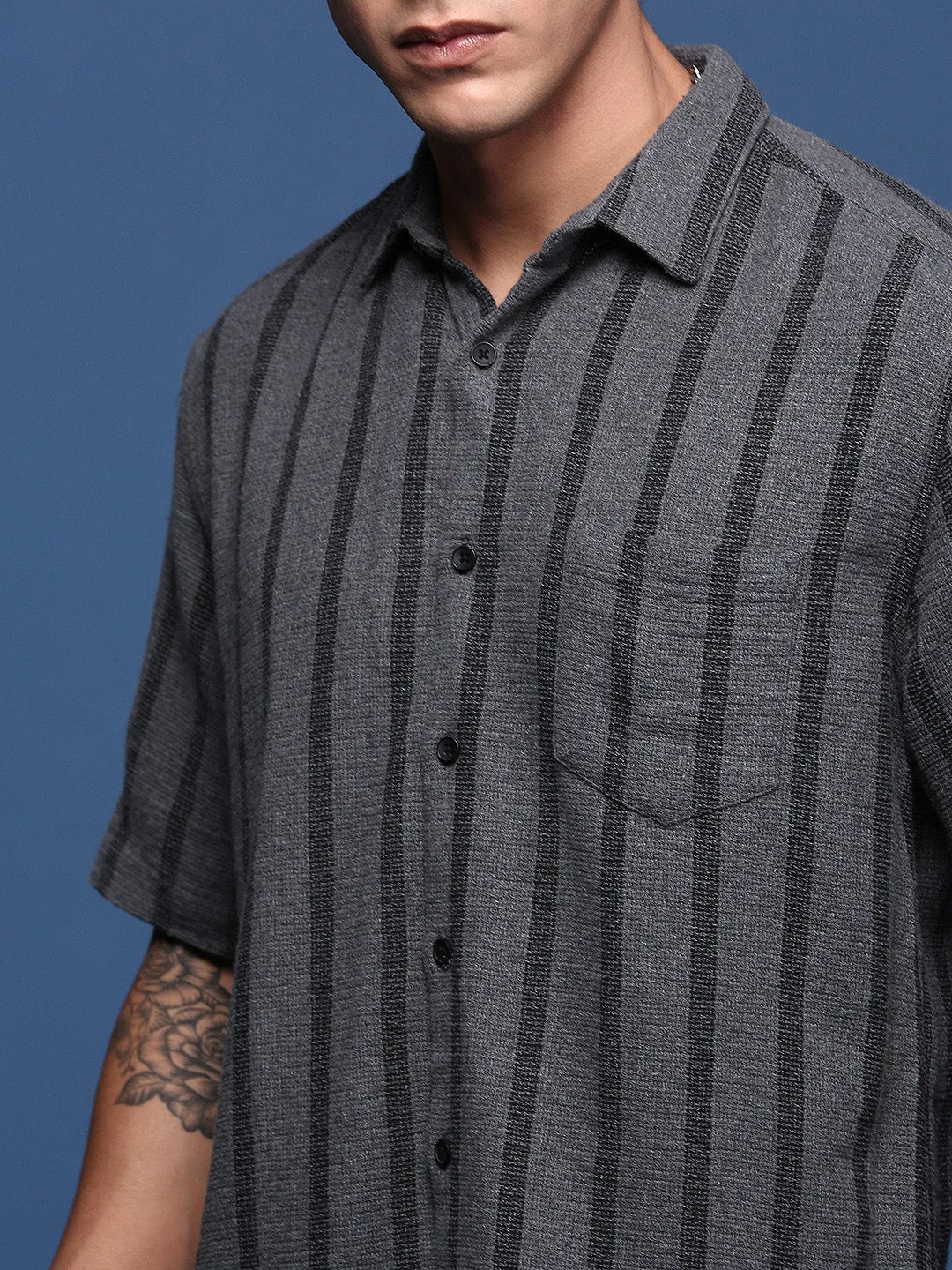 Men Striped Grey Slim Fit Shirt