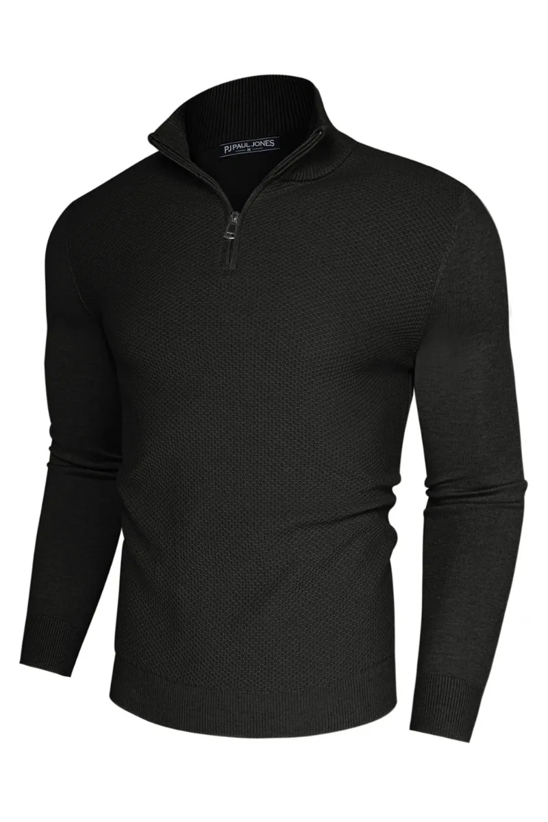 Men Textured Sweater Long Sleeve Stand Collar Zip-up Neck Pullover Knitwear