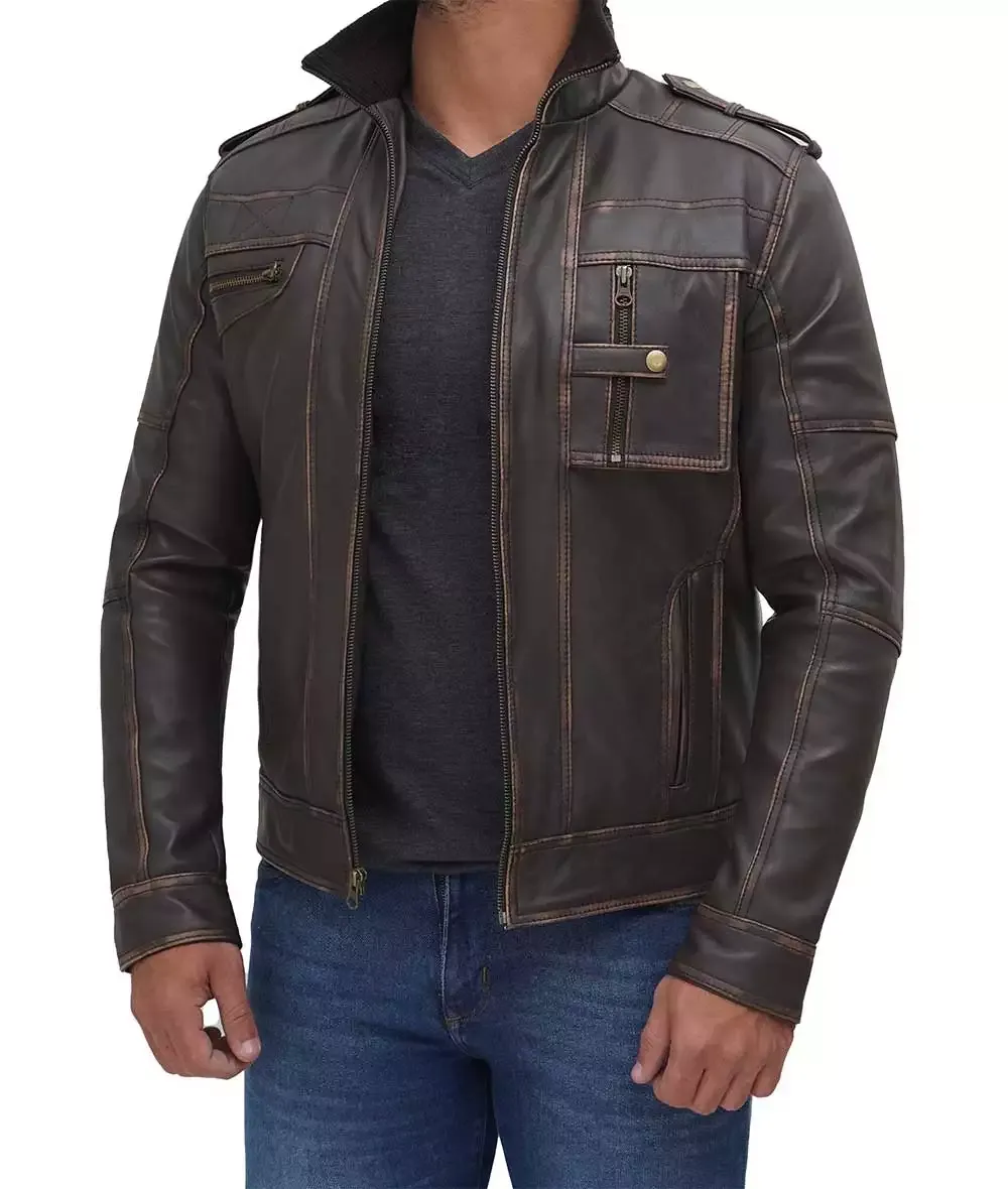 Mens Distressed Brown Cafe Racer Leather Jacket