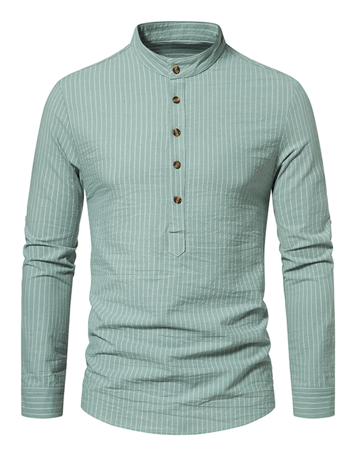 Men's Henley Collar Vertical Striped 100% Cotton Long Sleeve Shirt