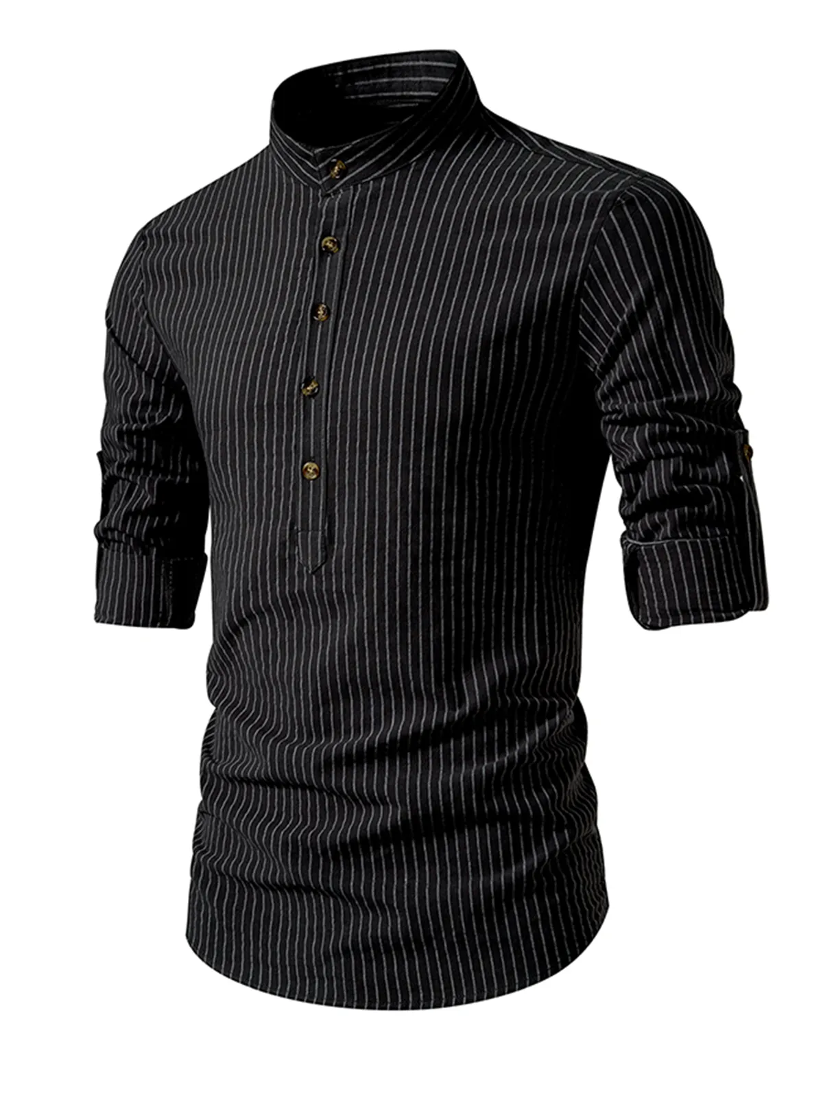 Men's Henley Collar Vertical Striped 100% Cotton Long Sleeve Shirt