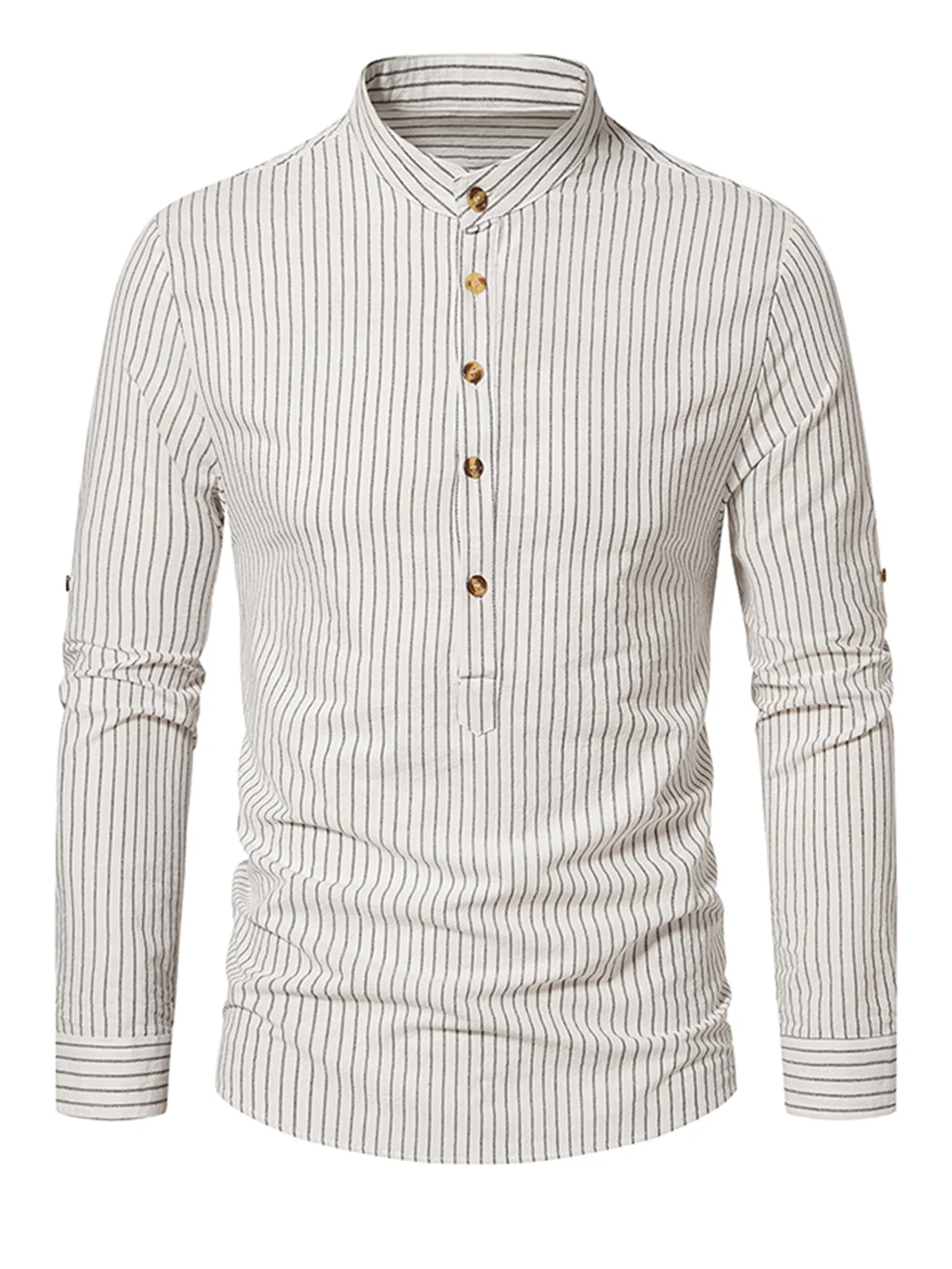 Men's Henley Collar Vertical Striped 100% Cotton Long Sleeve Shirt