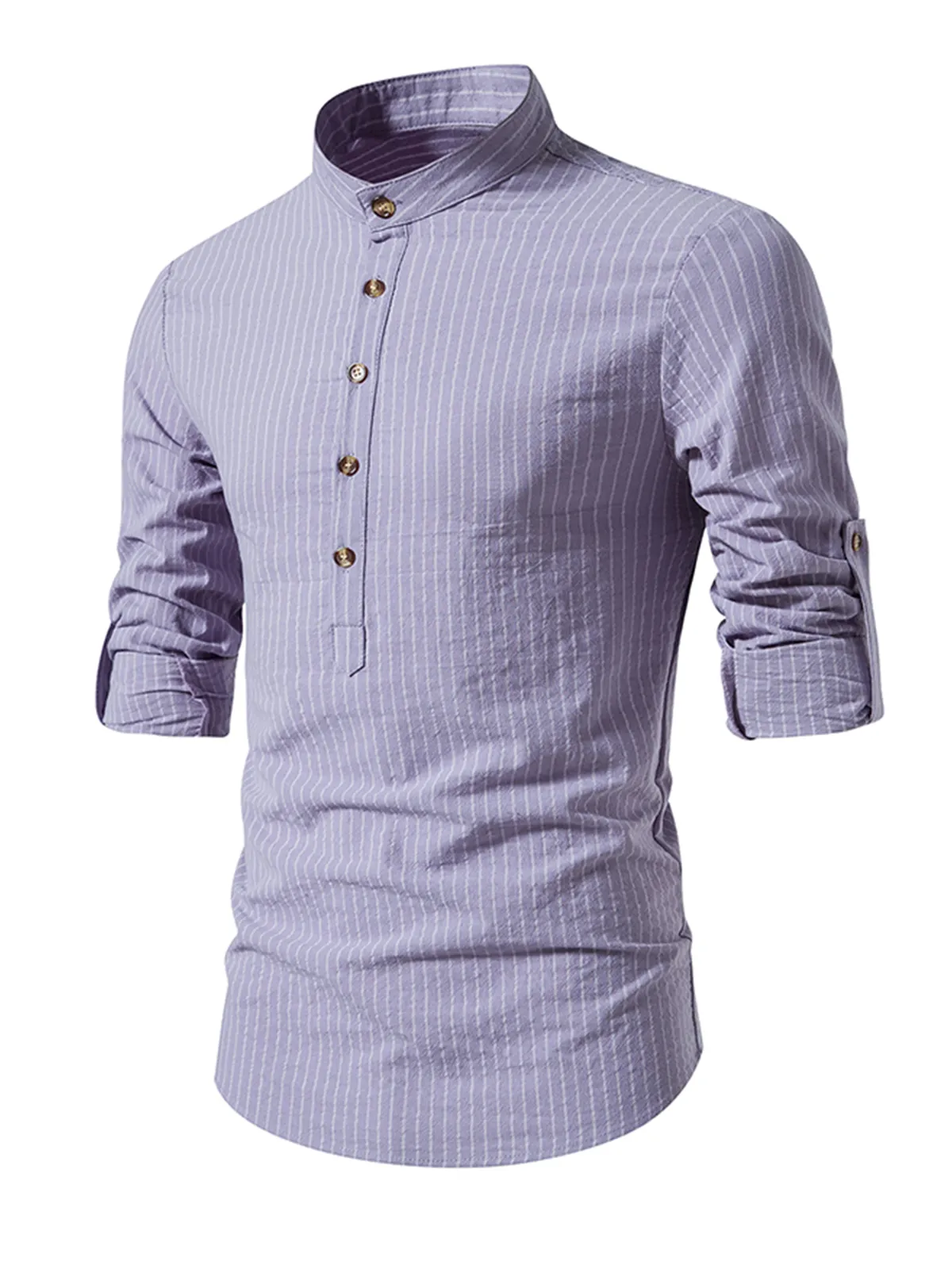 Men's Henley Collar Vertical Striped 100% Cotton Long Sleeve Shirt