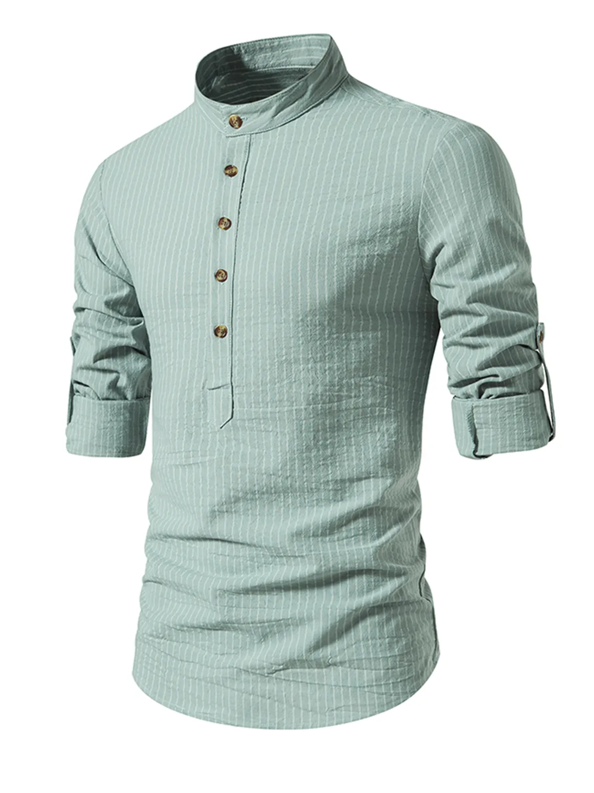 Men's Henley Collar Vertical Striped 100% Cotton Long Sleeve Shirt