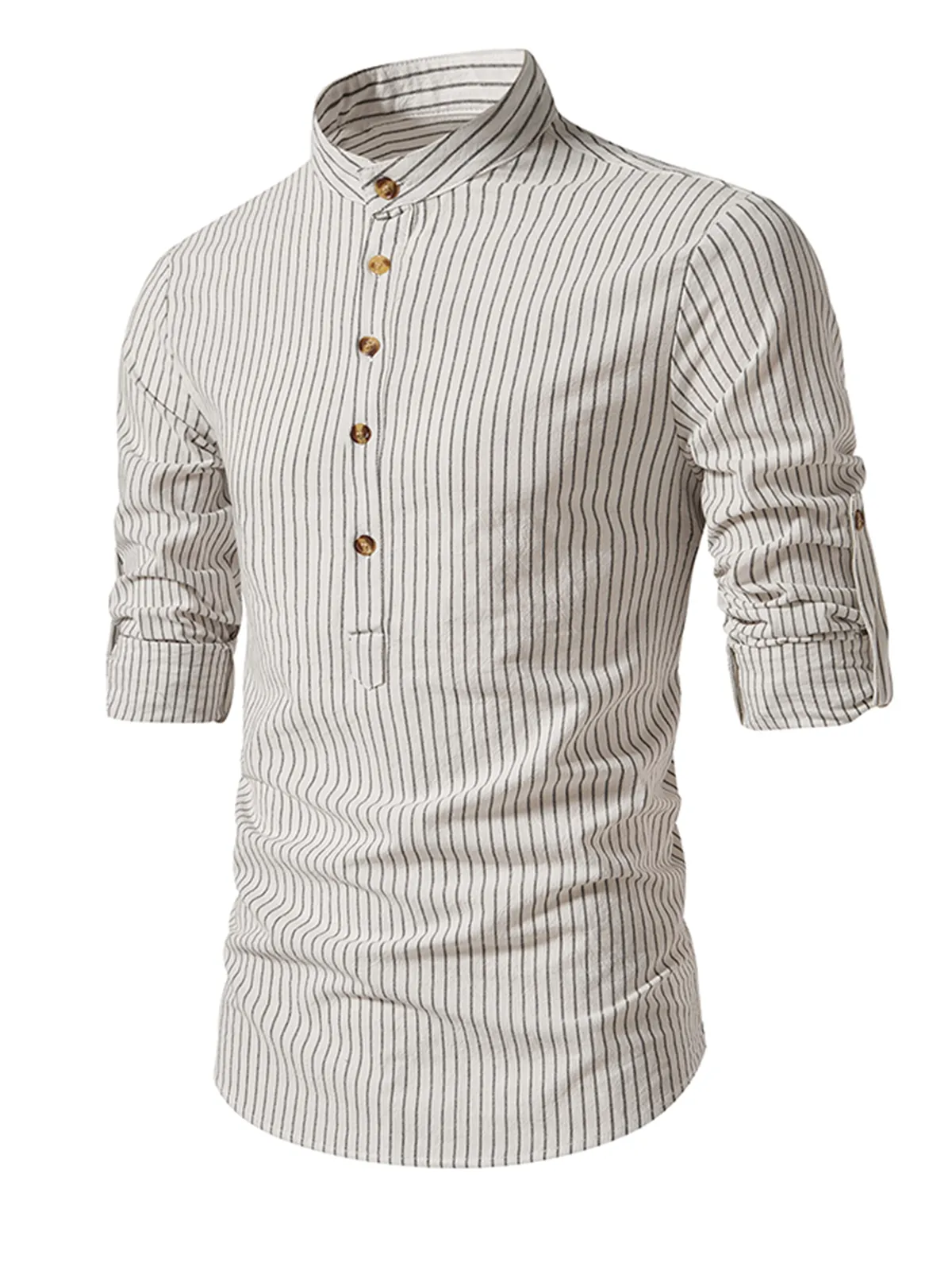 Men's Henley Collar Vertical Striped 100% Cotton Long Sleeve Shirt