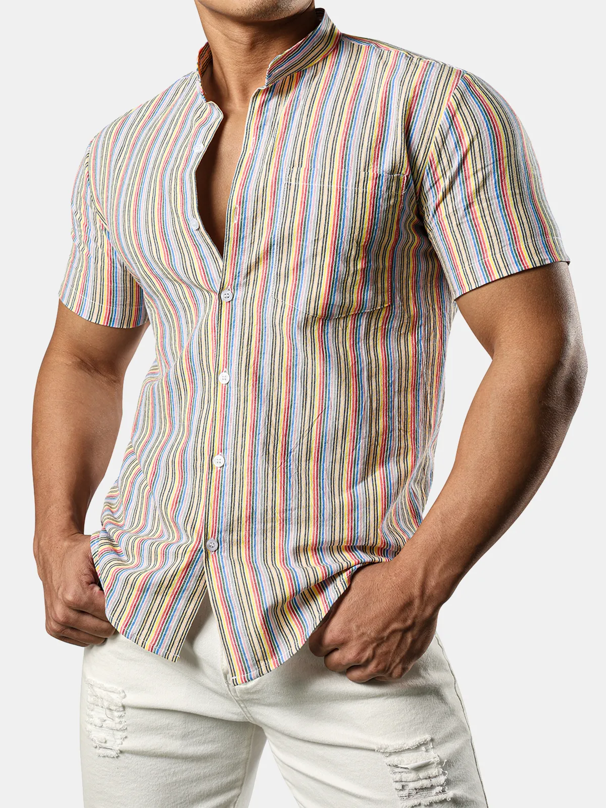 Men's Henley Cotton Striped Summer Casual Short Sleeve Button Up Shirt