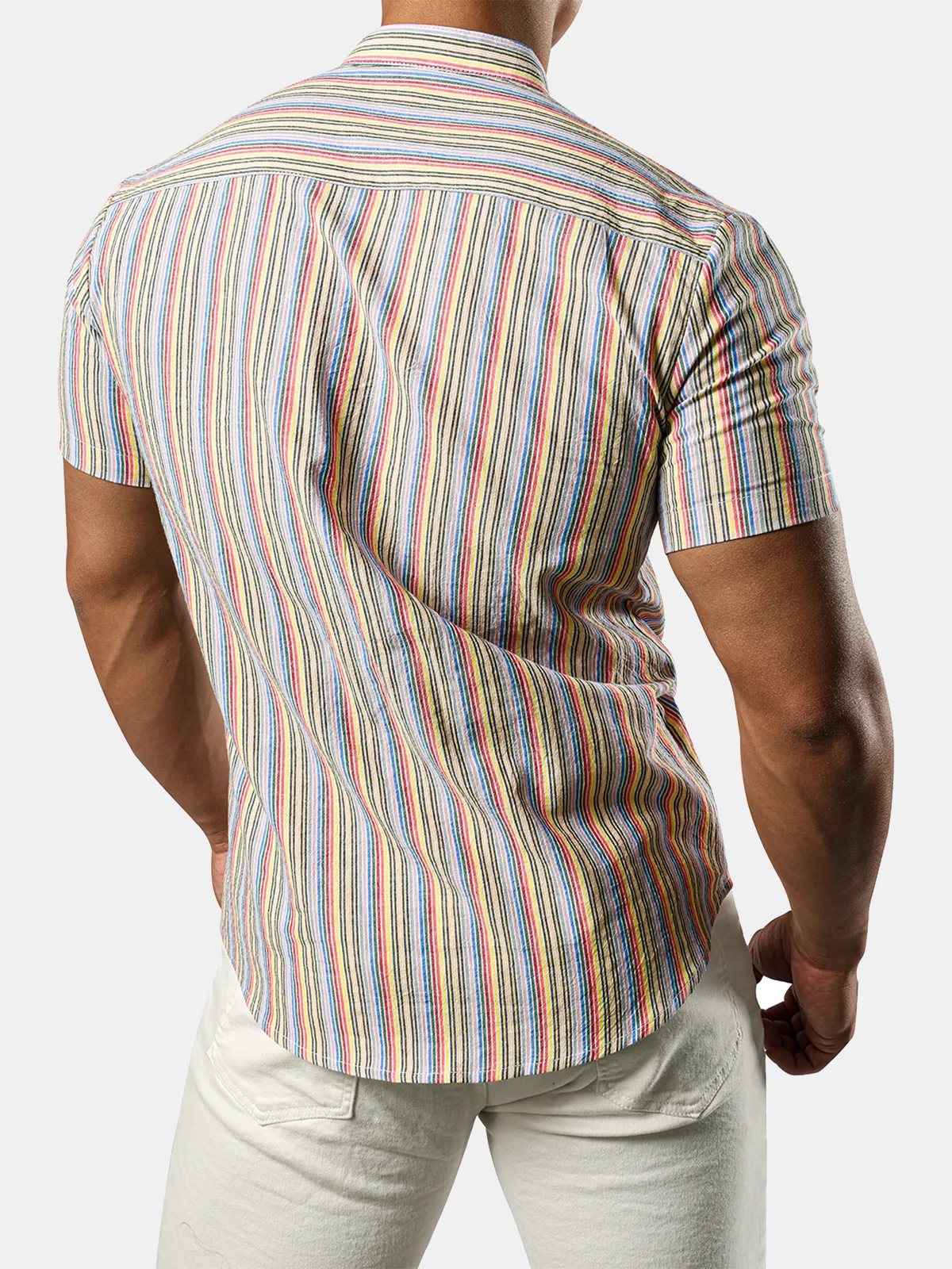 Men's Henley Cotton Striped Summer Casual Short Sleeve Button Up Shirt