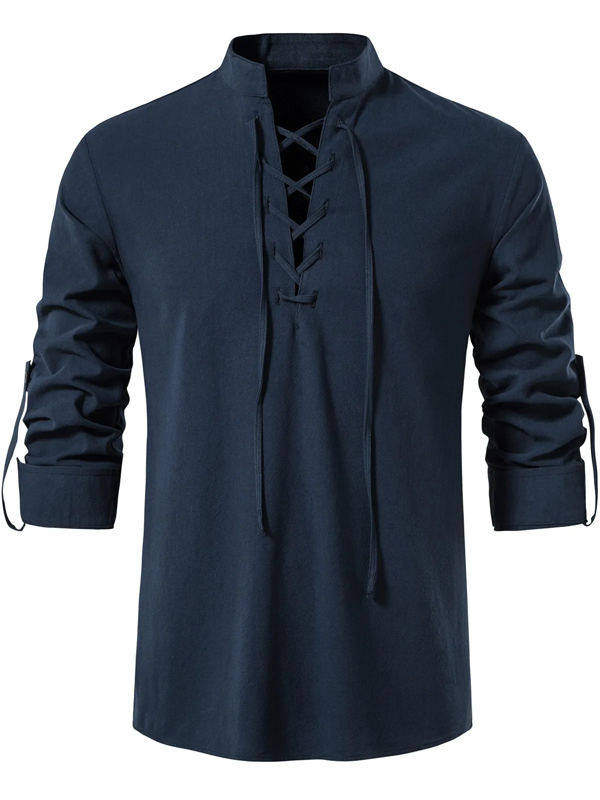 Men's Retro Solid Color Drawstring Breathable Cotton Long Sleeve Shirt