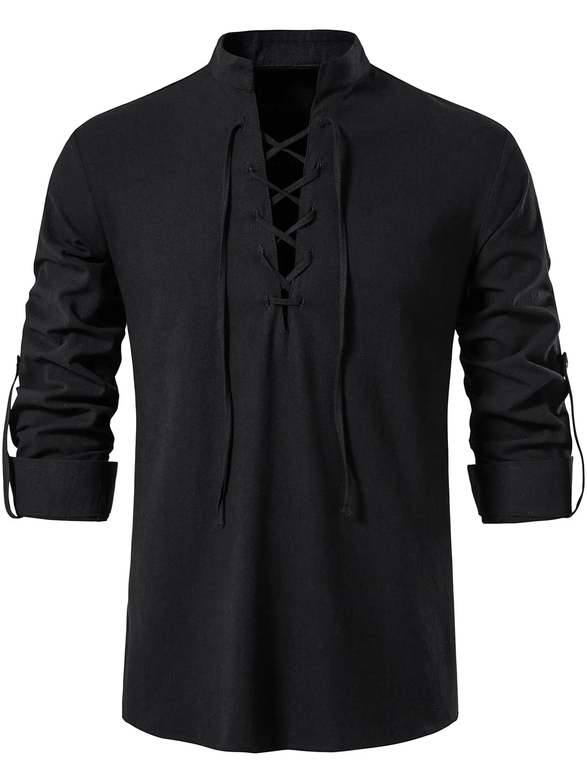 Men's Retro Solid Color Drawstring Breathable Cotton Long Sleeve Shirt