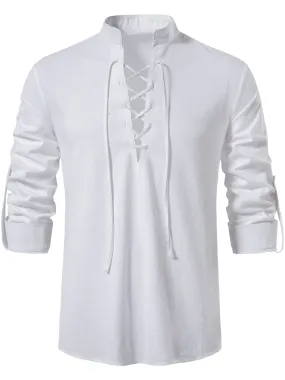 Men's Retro Solid Color Drawstring Breathable Cotton Long Sleeve Shirt